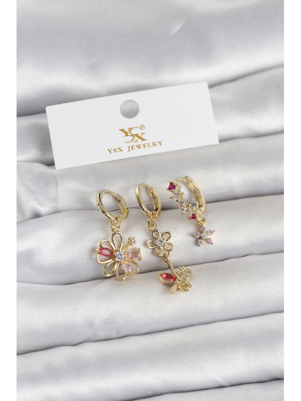 Kadın Küpe Pirinç Gold Renk Çiçek 3 Lü&hellip;