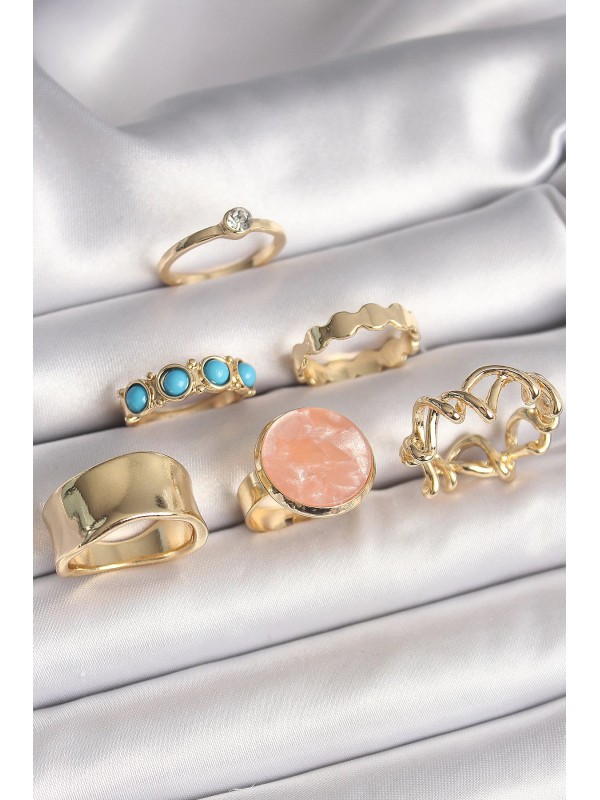 Kadın Yüzük Taş Pirinç Gold Renk Daire Pembe Mineli&hellip;