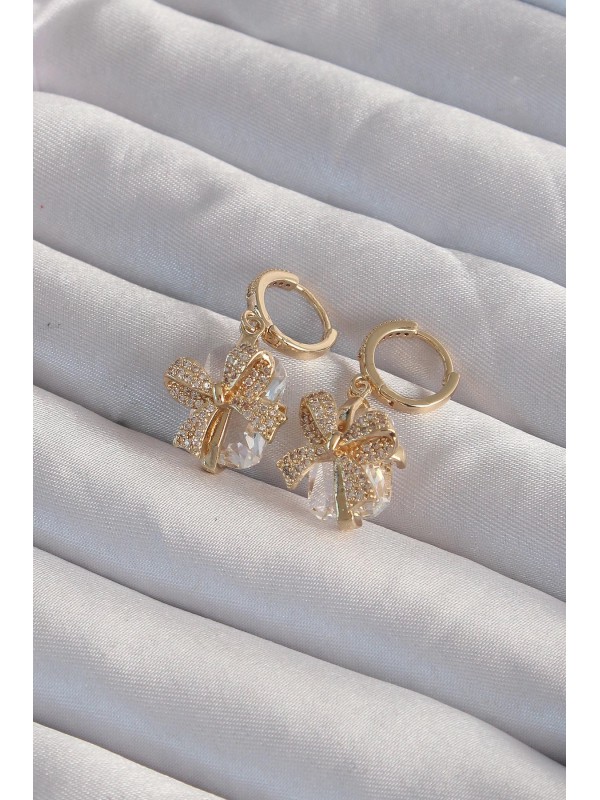 Küpe Taşlı Pirinç Gold Renk İri Zirkon Fiyonk Halka&hellip;
