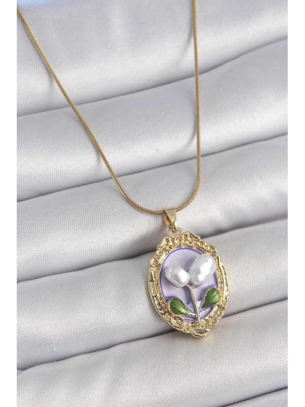 Çelik Kadın Kolye 316L Gold Renk Mor İncili Çiçek&hellip;