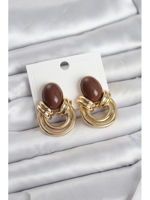 Kadın Küpe Taşlı Vintage Pirinç Gold Renk Kahverengi&hellip;