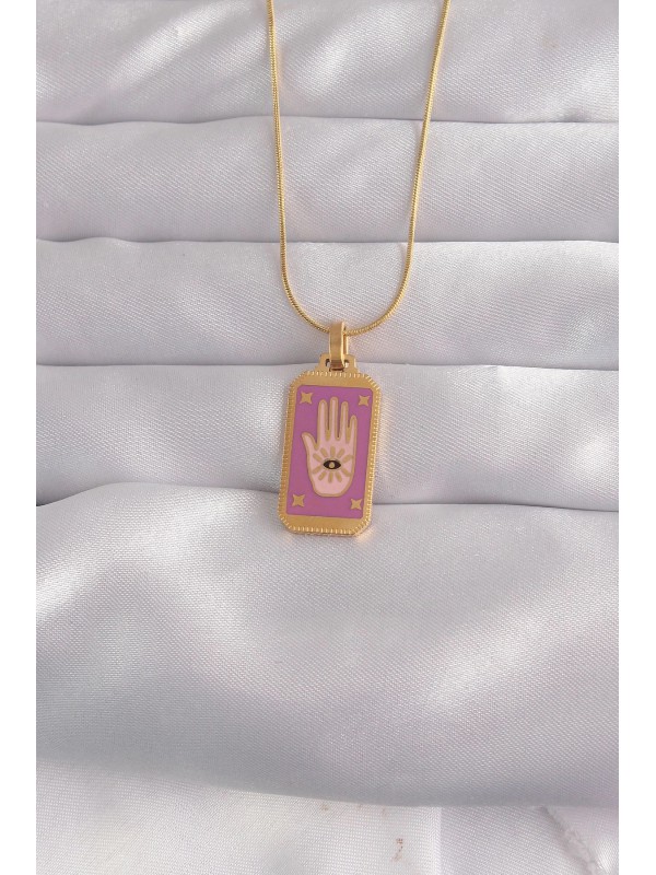 Çelik Kolye 316L Gold Renk Mor Mineli El Figür Tarot&hellip;