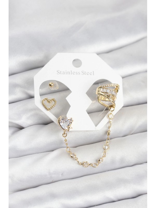Küpe Kalp Zincir Pirinç Gold Renk Bağlantılı Ear Cuff… Küpe Kalp Zincir Pirinç Gold Renk Bağlantılı Ear Cuff…