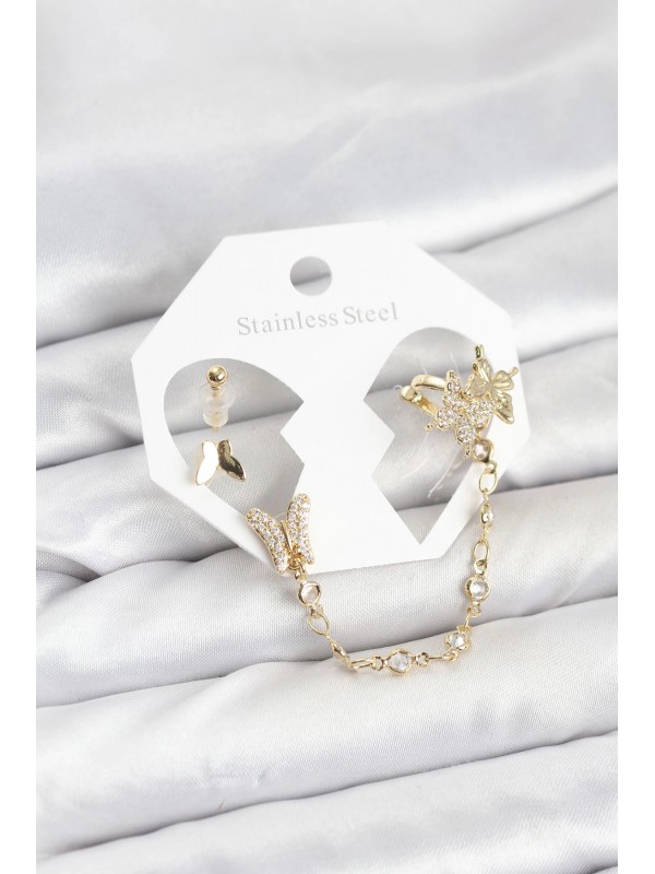 Küpe Zincir Pirinç Gold Renk Kelebek Bağlantılı Ear&hellip;