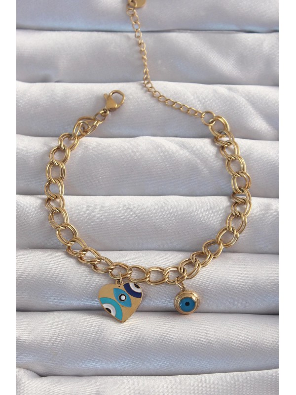 Çelik Bileklik Nazarlı Kalp Zincir 316L Gold Renk&hellip;