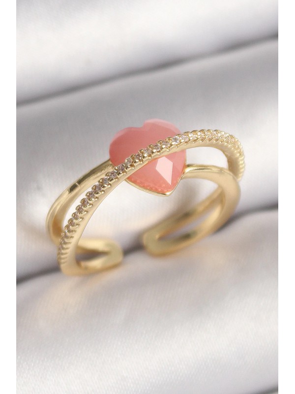 Kadın Yüzük Kalp Taş Pirinç Gold Renk Pembe Kristal&hellip;