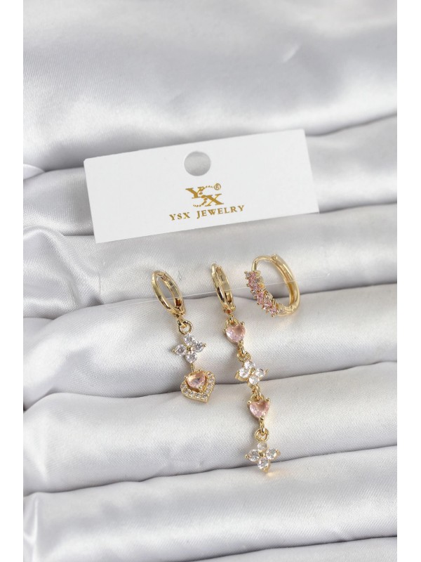 Kadın Küpe Taşlı Pirinç Gold Renk Pembe Zirkon 3 Lü&hellip;