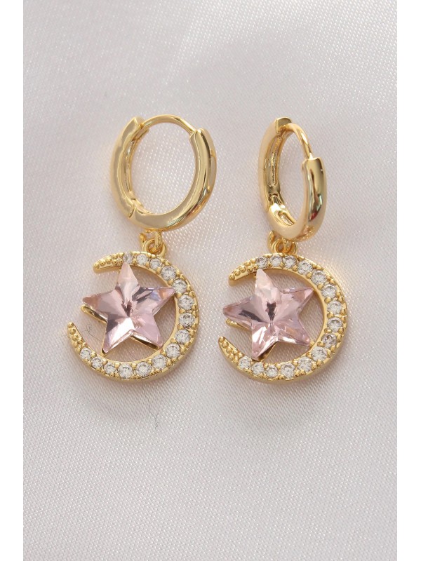 Küpe Taşlı Pirinç Gold Renk Pembe Zirkon Yıldız Detay… Küpe Taşlı Pirinç Gold Renk Pembe Zirkon Yıldız Detay…