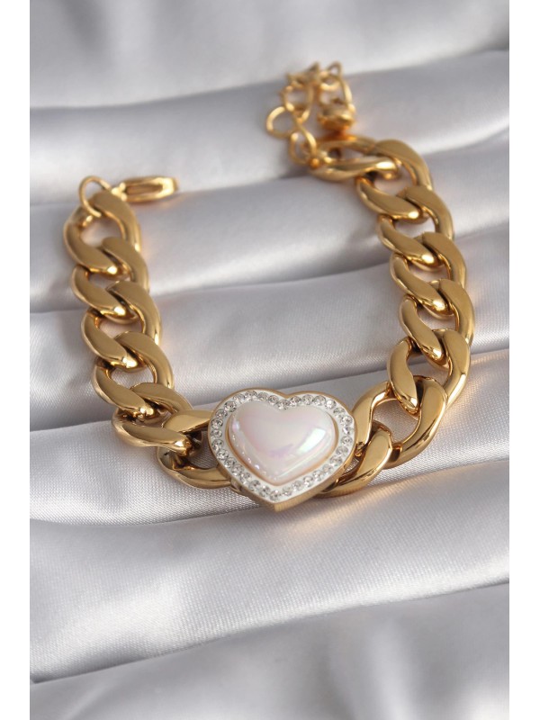 Çelik Kadın Bileklik Kalp Taşlı 316L Gold Renk Pembe&hellip;