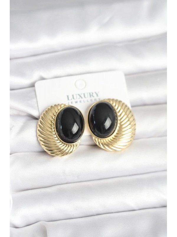 Kadın Küpe Vintage Pirinç Gold Renk Siyah Boncuklu Oval&hellip;