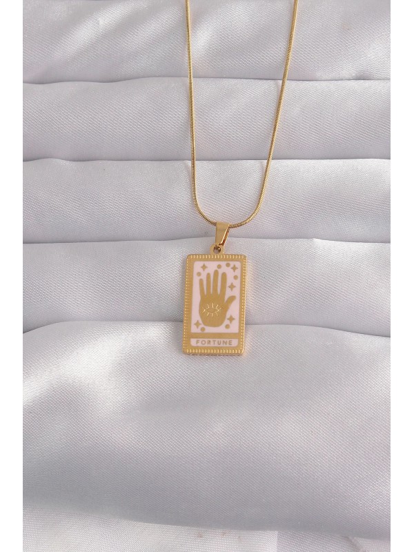 Çelik Kolye 316L Gold Renk Pembe Mineli El Figür Tarot&hellip;