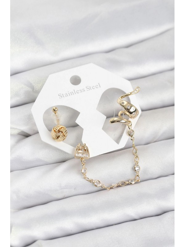 Küpe Zincir Pirinç Gold Renk Yılan Bağlantılı Ear Cuff&hellip;