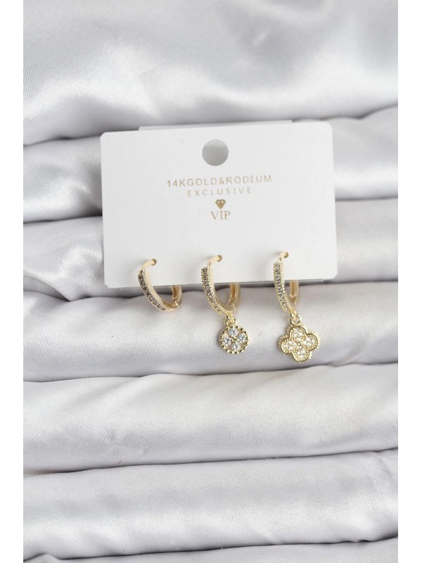 Kadın Küpe Pirinç Gold Renk Yonca 3 Lü Seti&hellip;