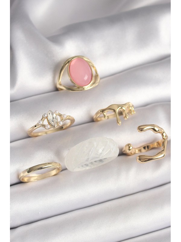 Kadın Yüzük Taş Pirinç Gold Renk Zirkon Detaylı Pembe&hellip;