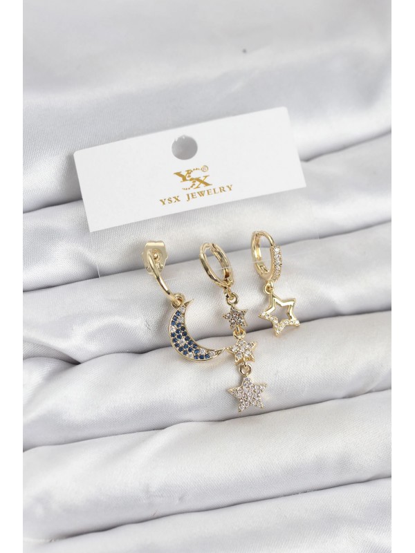 Küpe Taşlı Pirinç Gold Renk Zirkon Ay Ve Yıldız YSX&hellip;