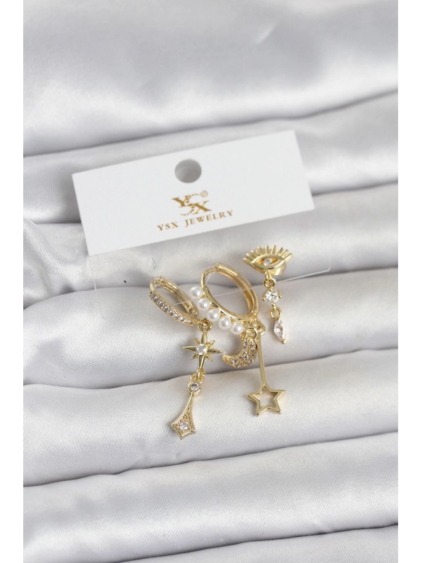 Kadın Küpe Taşlı Pirinç Gold Renk Zirkon Gece Temalı 3&hellip;