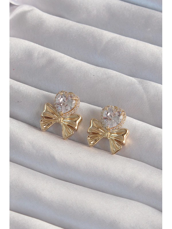 Küpe Taşlı Kalp Pirinç Gold Renk Zirkon Fiyonk&hellip;