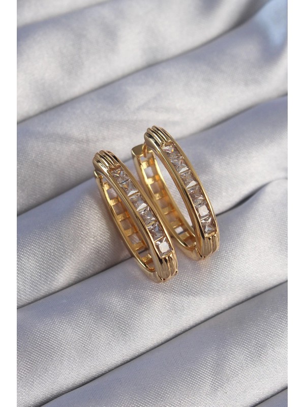 Küpe Taşlı Pirinç Gold Renk Zirkon Oval&hellip;