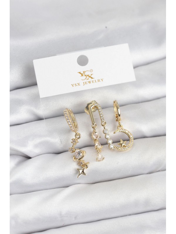 Küpe Taşlı Pirinç Gold Renk Zirkon Uzay YSX Trio Seti&hellip;