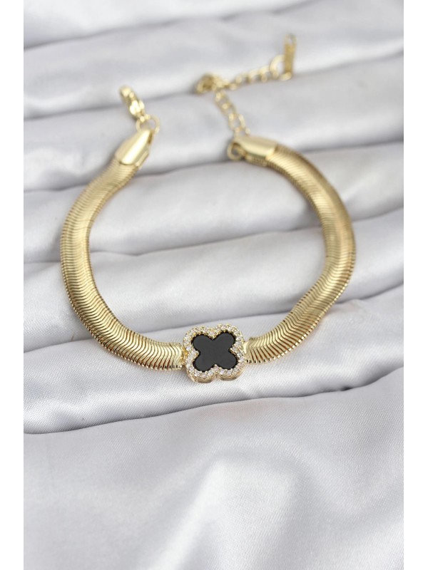 Çelik Kadın Bileklik Taşlı 316L Gold Renk Siyah Yonca&hellip;