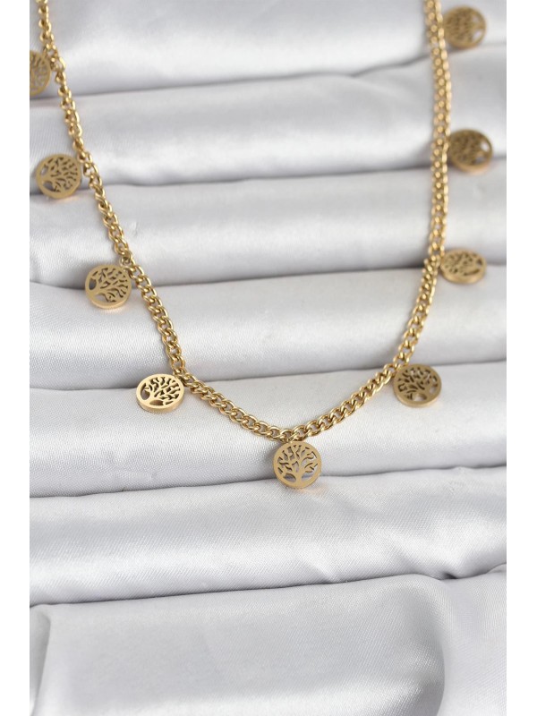 Çelik Kadın Kolye 316L Gold Renk Yaşam Ağacı