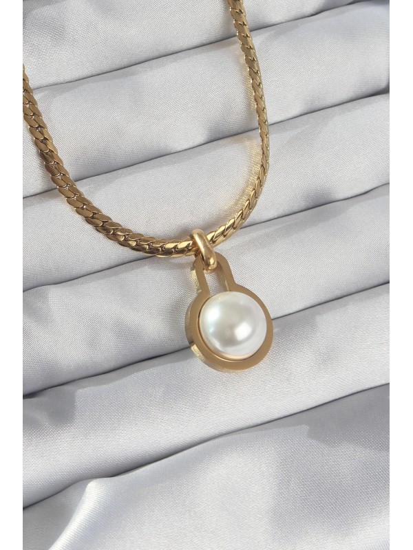 Çelik Kolye Zincir Taşlı 316L Gold Renk Yassı İnci&hellip;