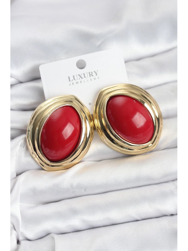 Kadın Küpe Vintage Pirinç Kırmızı Badem Gold&hellip;
