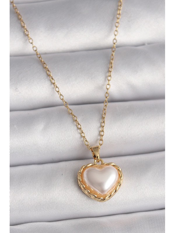 Çelik Kadın Kolye Zincir Kalp 316L Gold Renk 3D İnci&hellip;