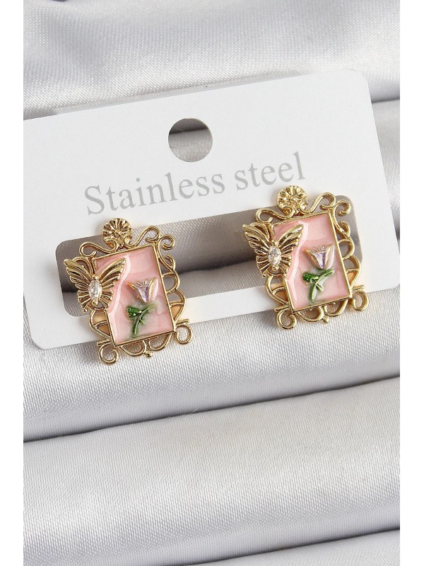 Kadın Küpe Pirinç Pembe Mineli Sanatsal Portre Gold… Kadın Küpe Pirinç Pembe Mineli Sanatsal Portre Gold…