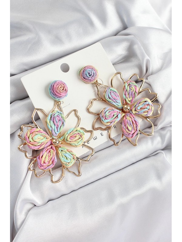 Kadın Küpe Pirinç Rainbow Çiçek Gold Renk Hasır&hellip;