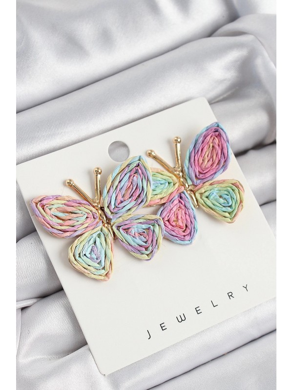 Kadın Küpe Pirinç Rainbow Kelebek Gold Renk Hasır&hellip;