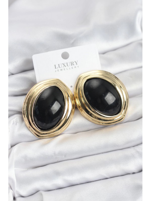Kadın Küpe Vintage Pirinç Siyah Badem Gold&hellip;
