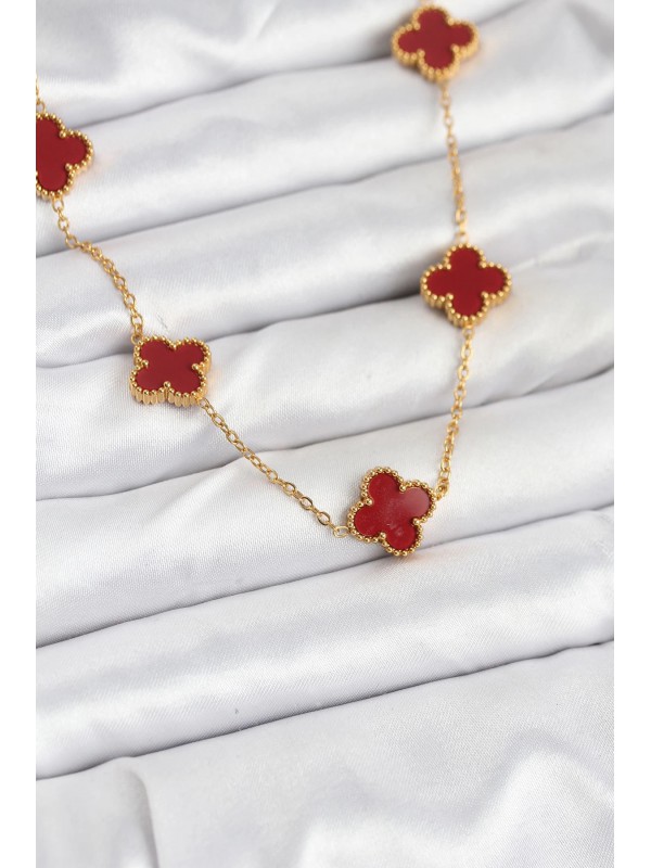 Çelik Kadın Kolye Zincir 316L Gold Renk Bordo Yonca&hellip;