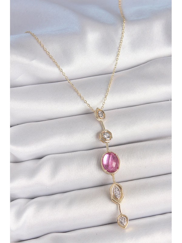 Kolye Zincir Taşlı Pirinç Gold Renk Pembe Zirkon Y&hellip;