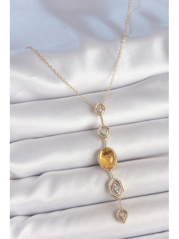 Kolye Zincir Taşlı Pirinç Kehribar Sarı Gold Renk&hellip;