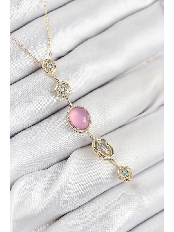 Kolye Zincir Taşlı Pirinç Pembe Gold Renk Zirkon Y&hellip;