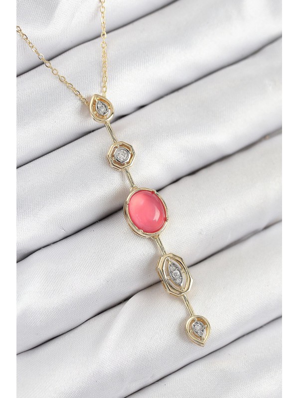 Kolye Zincir Taşlı Pirinç Pembe Gold Renk Zirkon Y