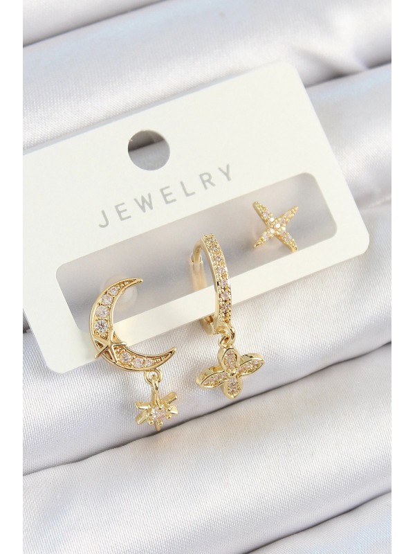 Kadın Küpe Taşlı Pirinç Zirkon Çiçek Ve Ay Gold Renk 3&hellip;