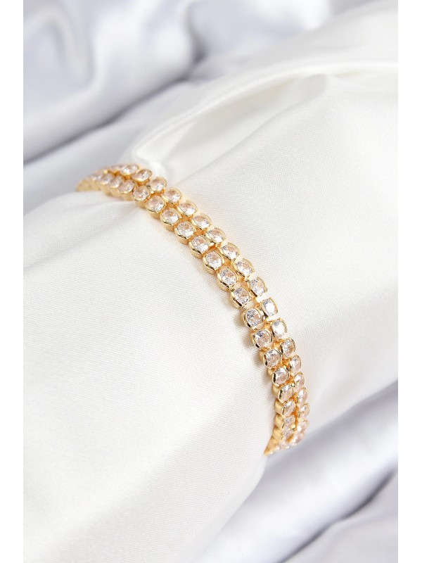 Kadın Bileklik Taşlı Pirinç Zirkon Çift Sıra Gold Renk&hellip;