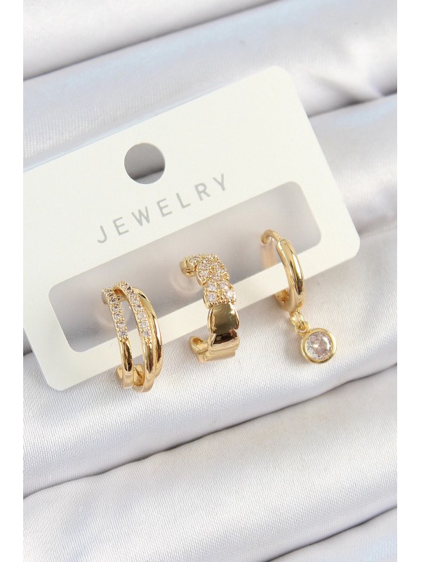 Kadın Küpe Taşlı Pirinç Zirkon Halka Gold Renk 3 Lü&hellip;