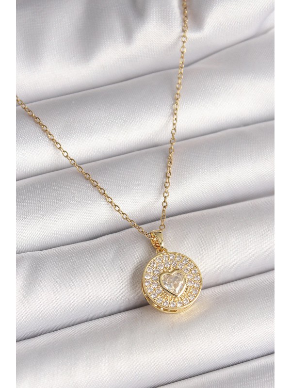 Çelik Kadın Kolye Zincir Taşlı Kalp 316L Gold Renk&hellip;