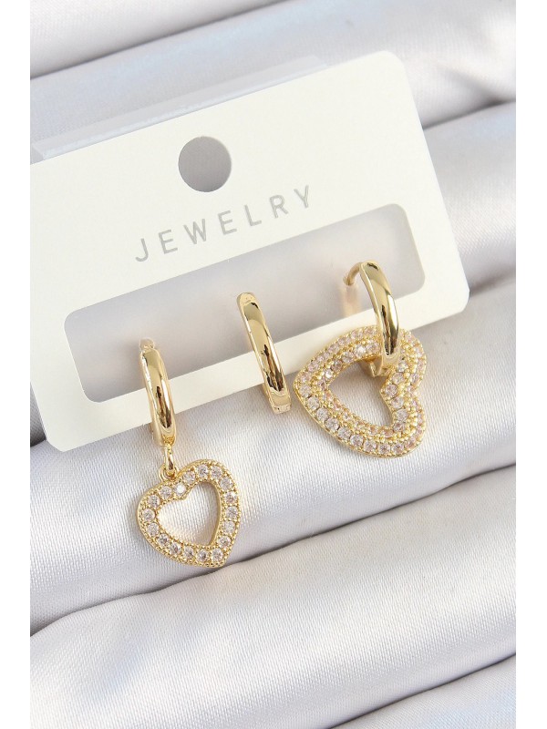 Kadın Küpe Taşlı Kalp Pirinç Zirkon Gold Renk 3 Lü&hellip;