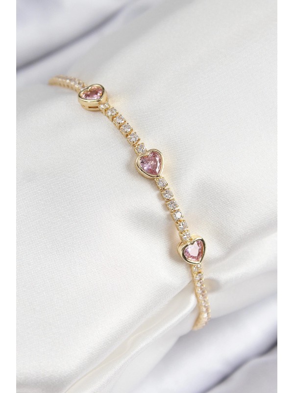 Kadın Bileklik Taşlı Kalp Pirinç Zirkon Pembe Gold Renk&hellip;