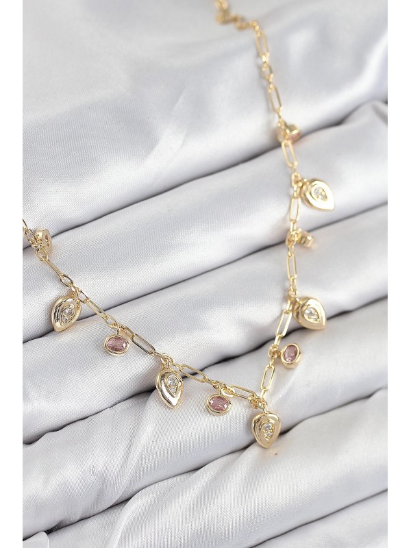 Kadın Kolye Taşlı Pirinç Zirkon Sallantılı Damla Gold&hellip;