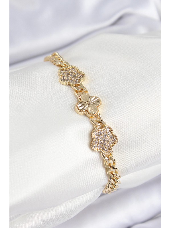Kadın Bileklik Taşlı Pirinç Zirkon Yonca Gold Renk&hellip;