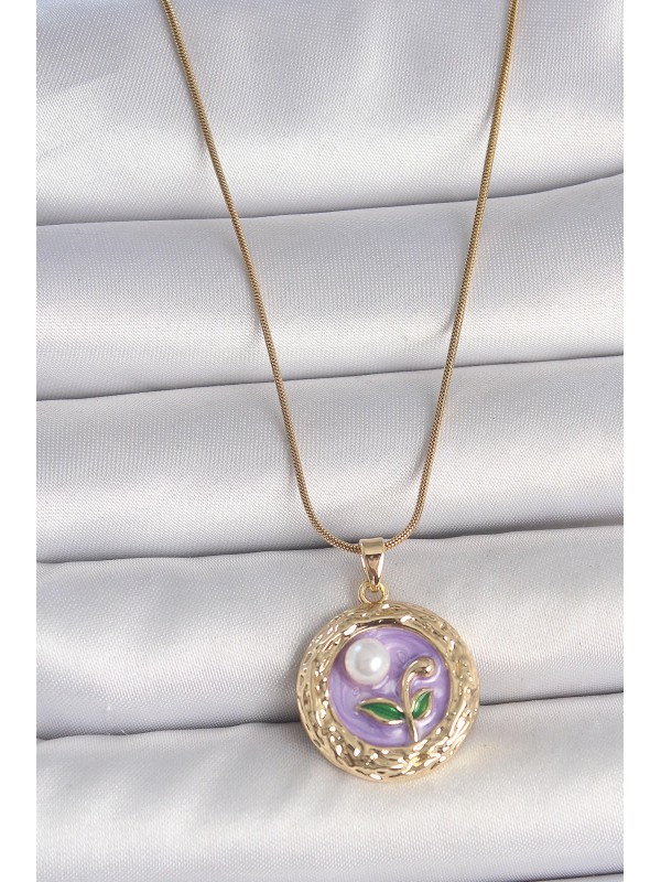 Çelik Kadın Kolye Zincir 316L Gold Renk Mor Çiçek… Çelik Kadın Kolye Zincir 316L Gold Renk Mor Çiçek…