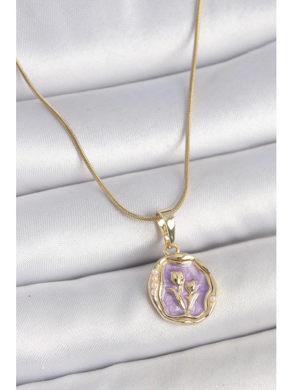 Çelik Kadın Kolye Zincir 316L Gold Renk Mor Mineli&hellip;