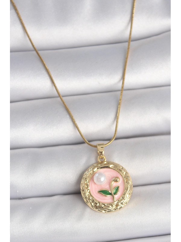 Çelik Kadın Kolye Zincir 316L Gold Renk Pembe Çiçek&hellip;