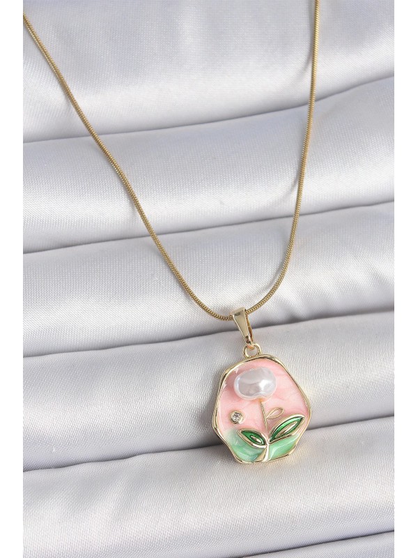 Çelik Kadın Kolye Zincir 316L Gold Renk Pembe Çiçek