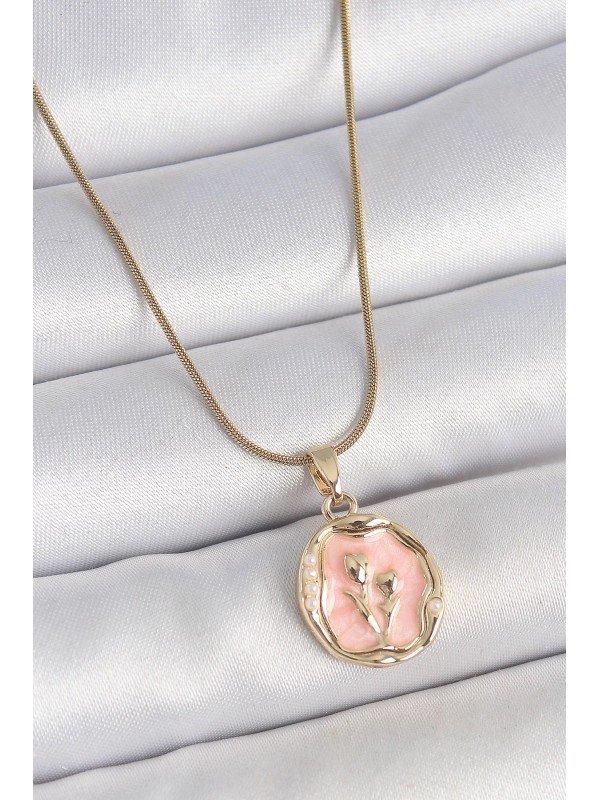 Çelik Kadın Kolye Zincir 316L Gold Renk Pembe Mineli&hellip;